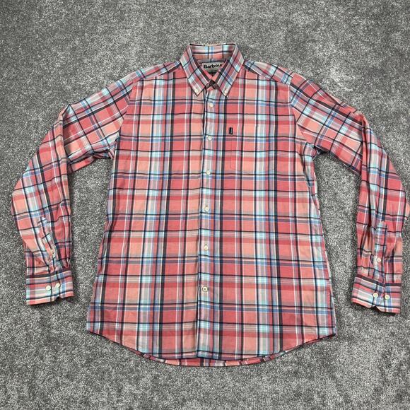 Barbour Shirt Mens Small Peach Pink Plaid Easter Spring Cotton Button Down Dress - Picture 2 of 13